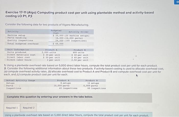  Exercise 17-11 (Algo) Computing product cost per unit using plantwide method