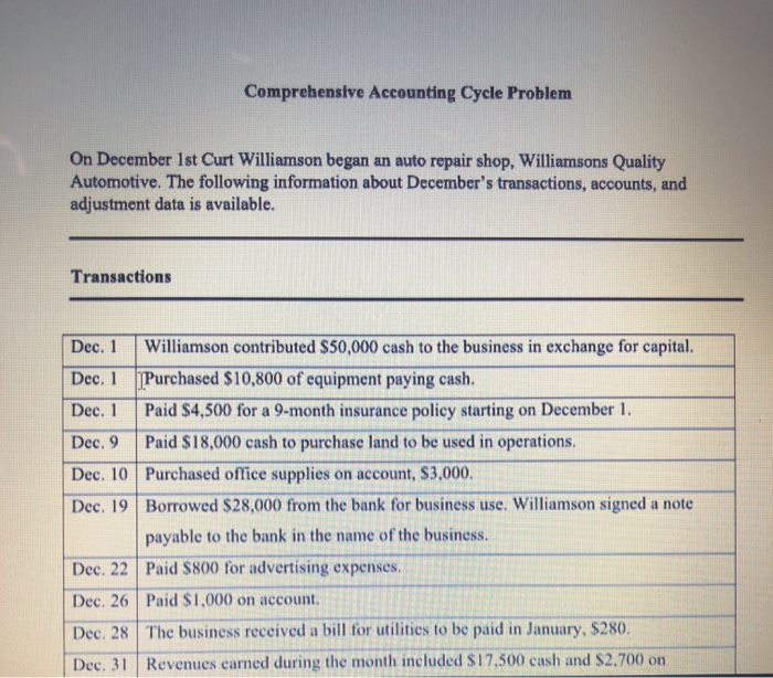  Comprehensive Accounting Cycle Problem On December 1st Curt Williamson began Automotive.