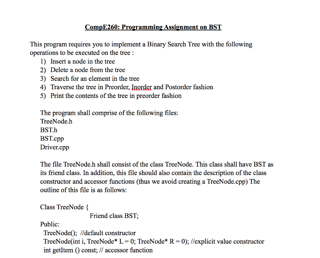  CompE260: Programming Assignment on BST This program requires you to implement
