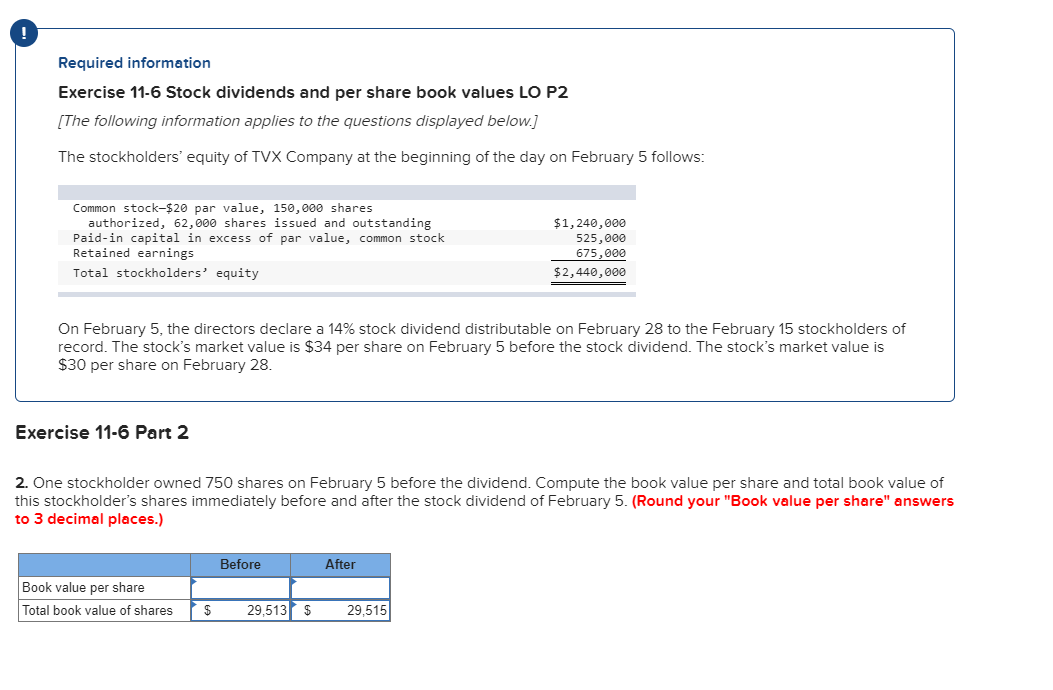 Exercise 11-6 Stock dividends and per share book values LO P2 [The