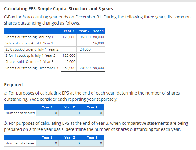  Calculating EPS: Simple Capital Structure and 3 years C-Bay Inc.'s accounting