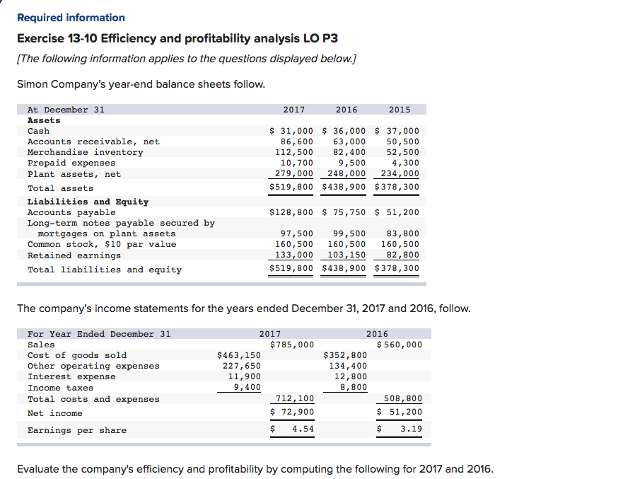  Required information Exercise 13-10 Efficiency and profitability analysis LO P3 The