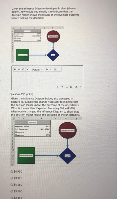  Given the influence Diagram developed in class (shown below), how would