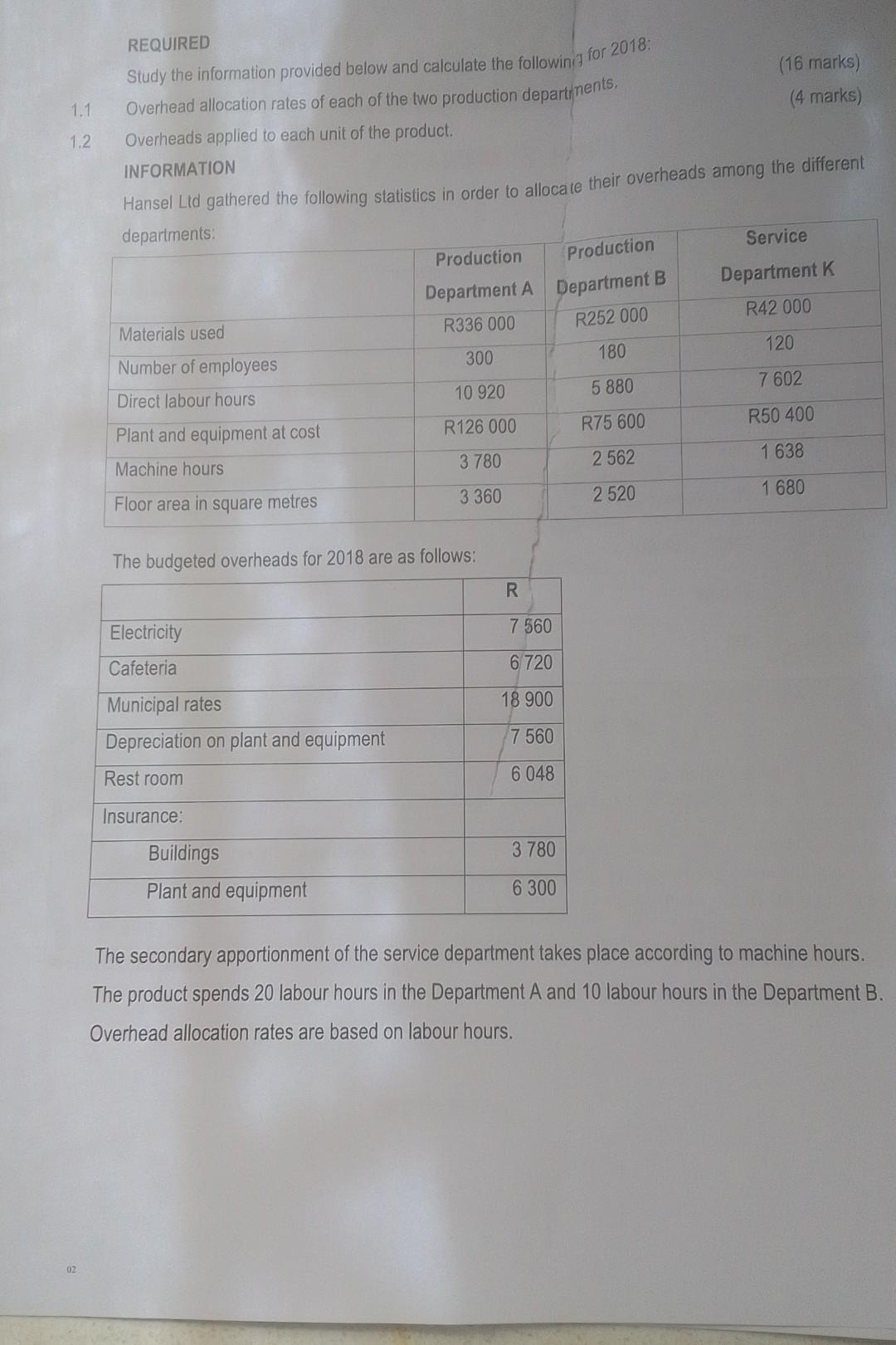 Study the information provided below and calculate the followint for 2018: