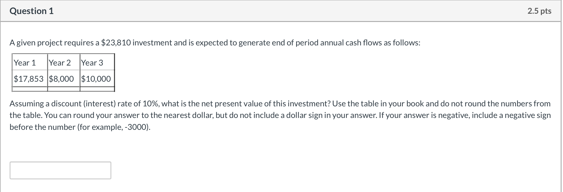  Question 1 2.5 pts A given project requires a $23,810 investment