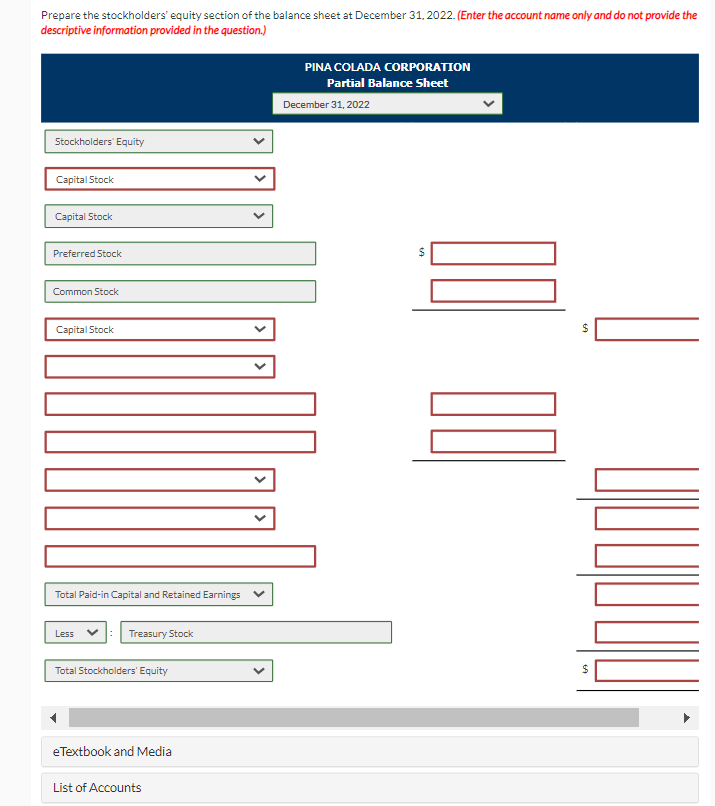 stockholders' equity accounts, arranged alphabetically, are in the ledger of Pina Colada