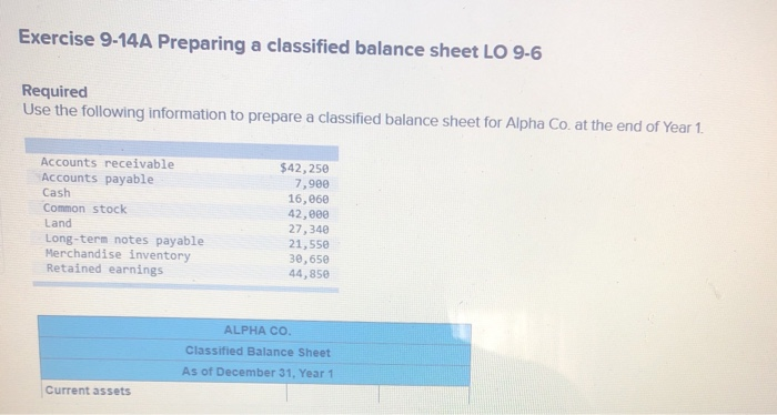  Exercise 9-14A Preparing a classified balance sheet LO 9-6 Required Use