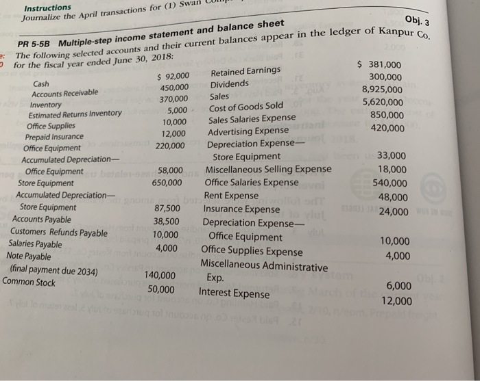  Instructions Journalize the April transactions for (1) Swa Obj. 3 PR