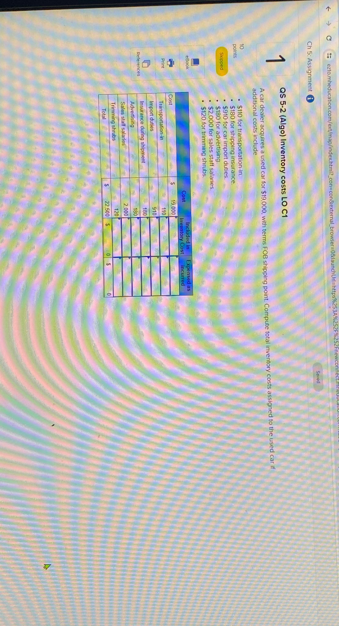  Ch 5: Assignment (i 1 QS 5.2(Algo) Inventory costs LO C1