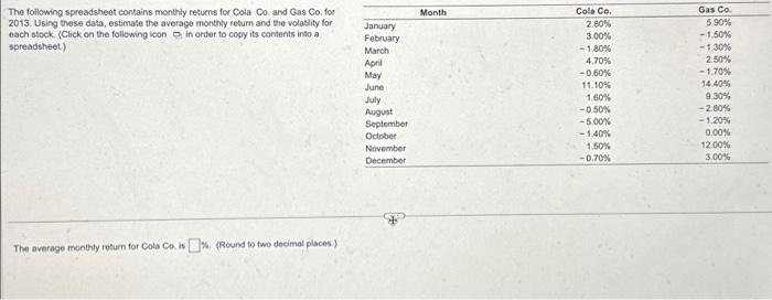 both stocks The following spreadsheet contains monthly returns for ColaCo. and GasCo