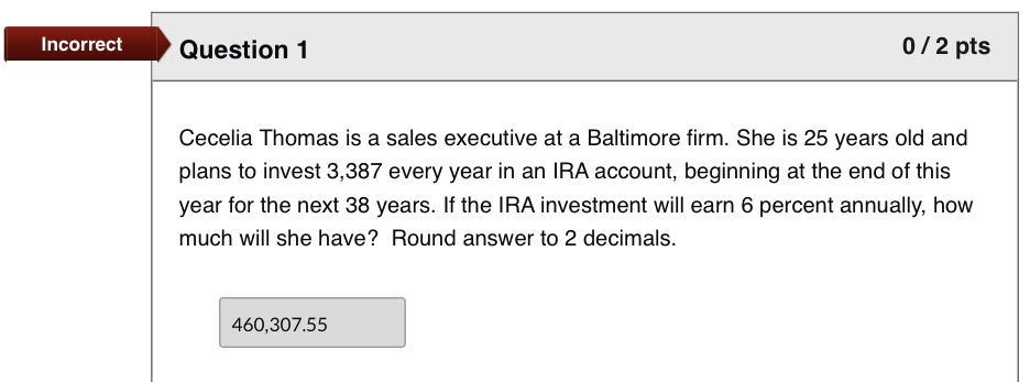  Incorrect Question 1 012 pts Cecelia Thomas is a sales executive