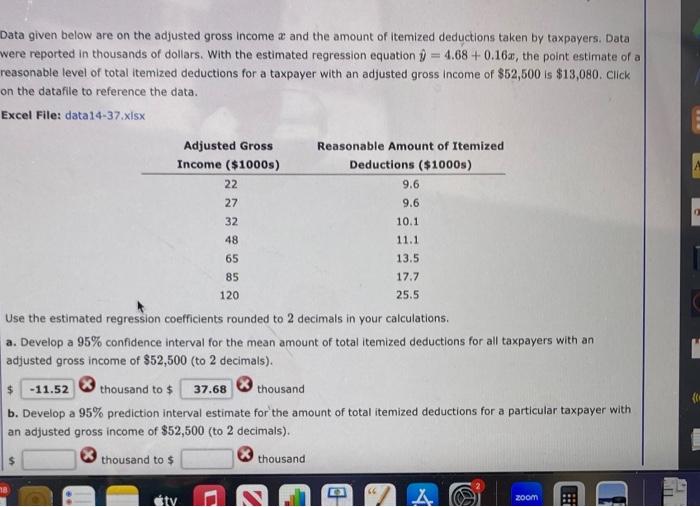  Data given below are on the adjusted gross income x and