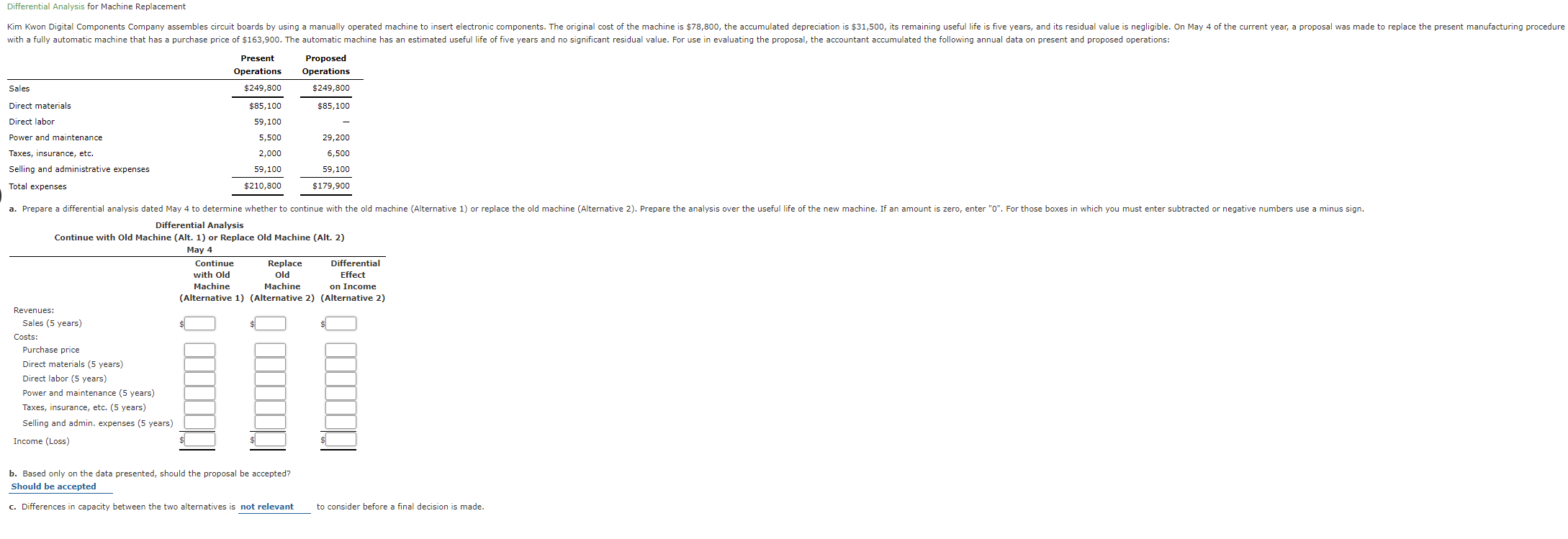 Differential Analysis for Machine Replacement Kim Kwon Digital Components Company assembles