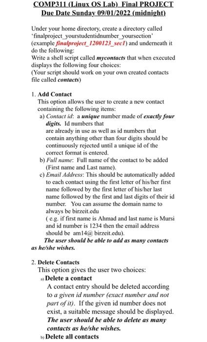 COMP311 (Linux OS Lab) Final PROJECT Due Date Sunday 09/01/2022 (midnight)
