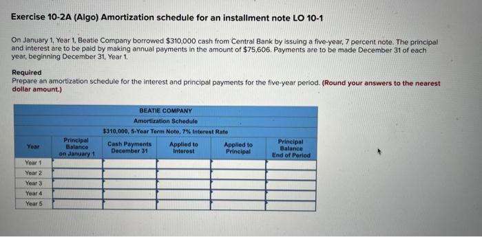  Help please Exercise 10-2A (Algo) Amortization schedule for an installment note