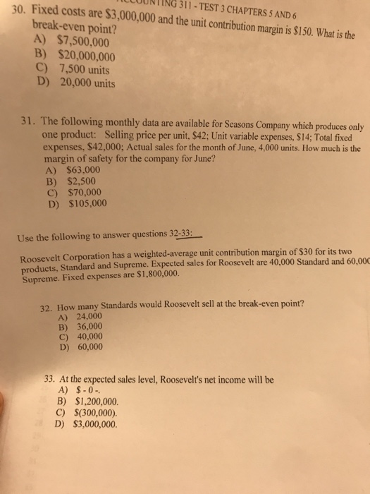  LUUNTING 30. Fixed costs are $3,000,000 and the unit contribution margin