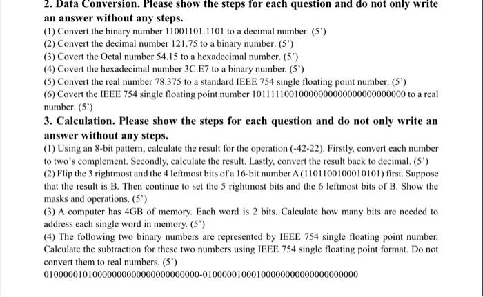  2. Data Conversion. Please show the steps for each question and