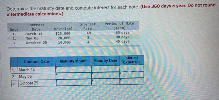  Determine the maturity date and compute interest for each note. (Use