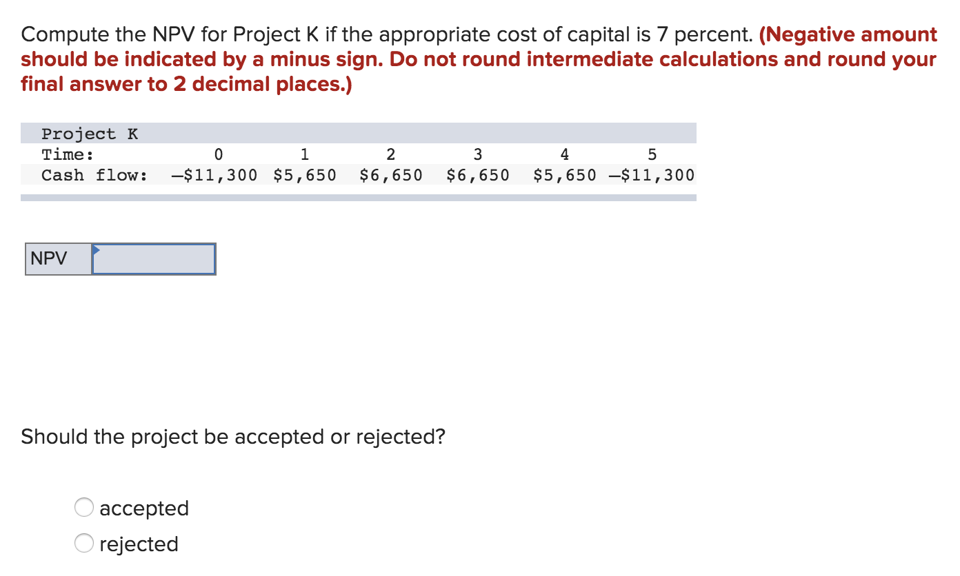 Compute the NPV for Project K if the appropriate cost of