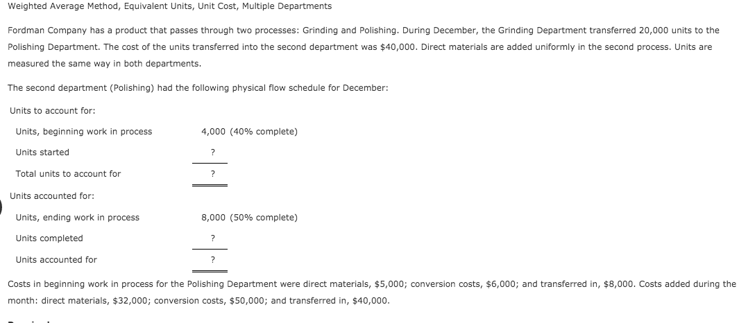  Weighted Average Method, Equivalent Units, Unit Cost, Multiple Departments Fordman Company