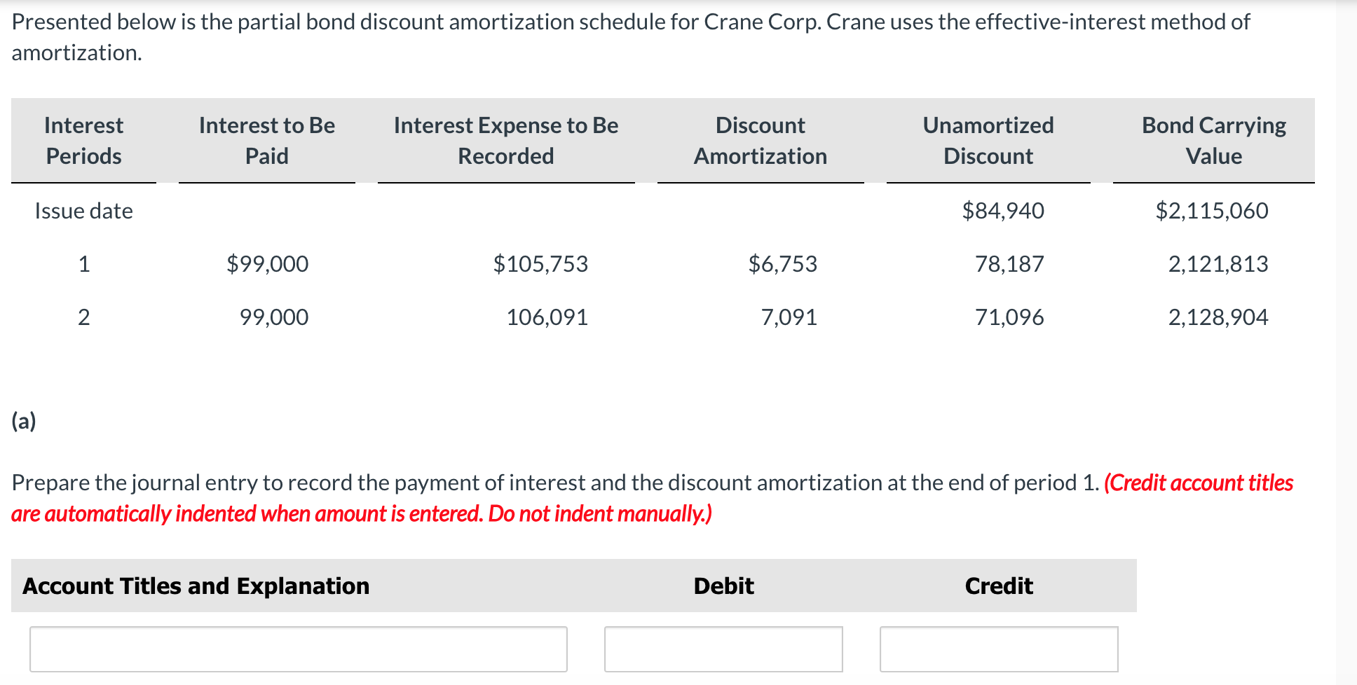 Presented below is the partial bond discount amortization schedule for Crane
