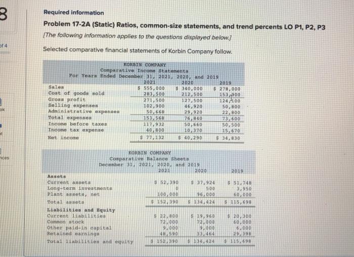  Required information Problem 17-2A (Static) Ratios, common-size statements, and trend percents