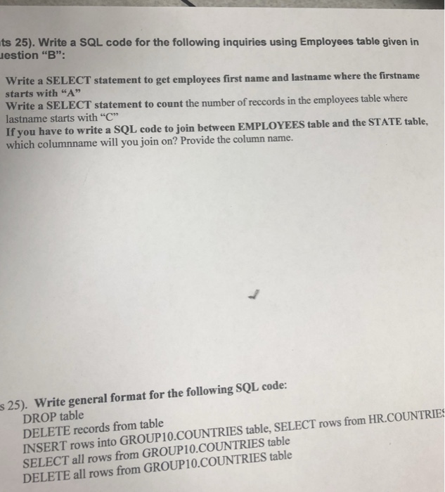  ts 25). Write a SQL code for the following inquiries using