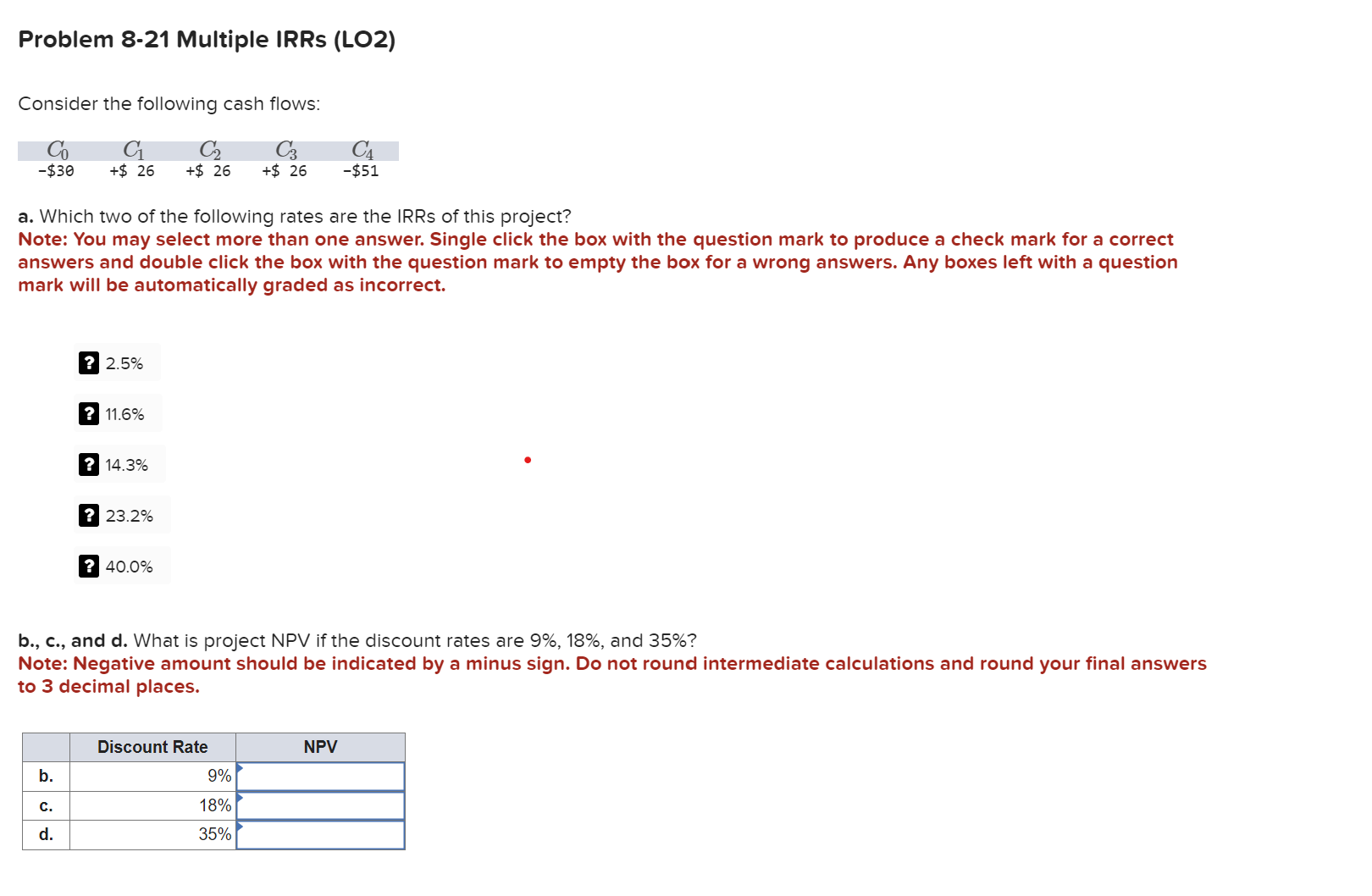  Problem 8-21 Multiple IRRs (LO2) Consider the following cash flows: a.