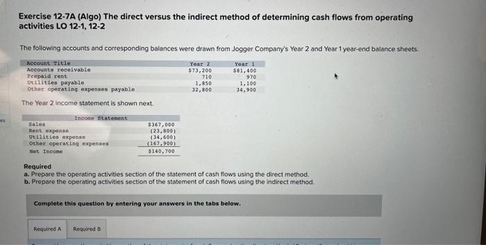  helpp pleasee Exercise 12-7A (Algo) The direct versus the indirect method
