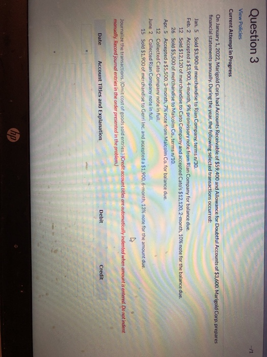  Question 3 View Policies Current Attempt in Progress On January 1,