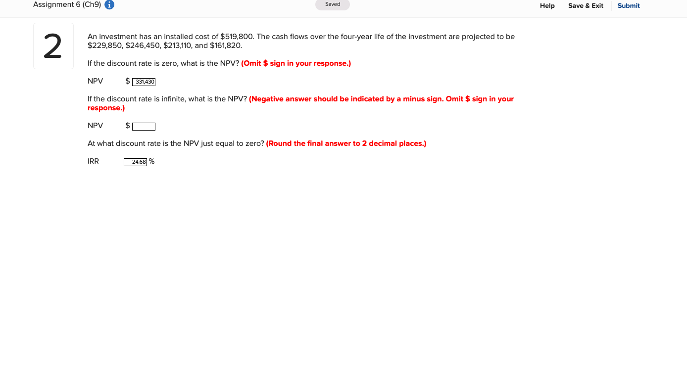 Assignment 6 (Ch9) i Saved Help Save & Exit Submit An