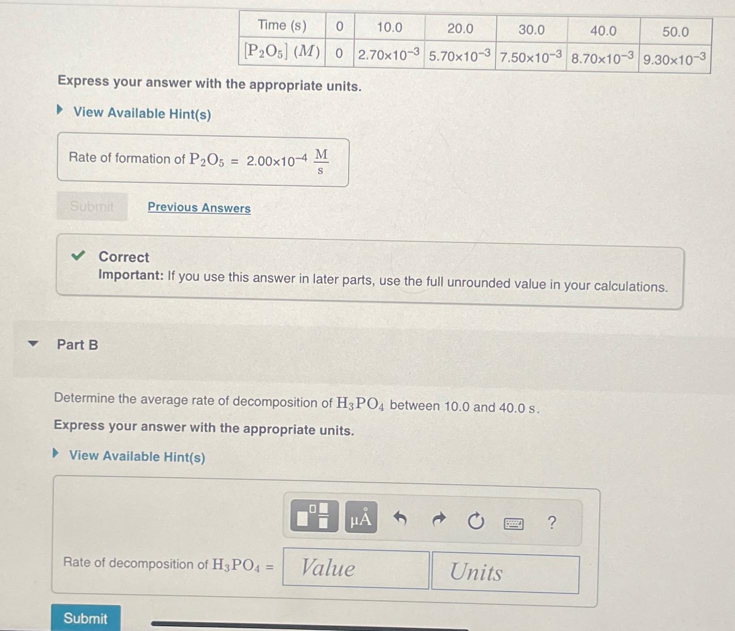  \table[[Time (s),0,10.0,20.0,30.0,40.0,50.0],[[P2O5](M),0,2.7010-3,5.7010-3,7.5010-3,8.7010-3,9.3010-3 
