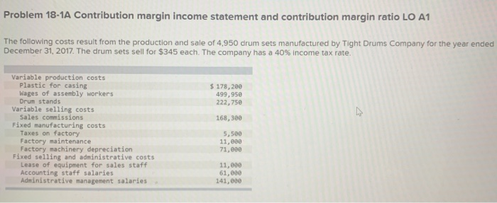  Problem 18-1A Contribution margin income statement and contribution margin ratio LO