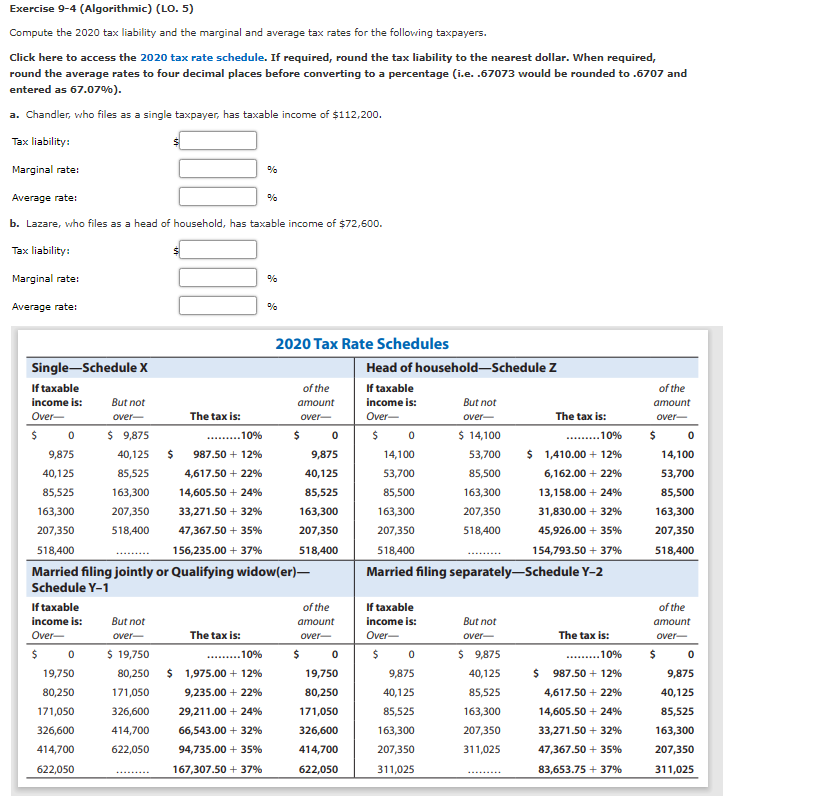 Exercise 9-4 (Algorithmic) (LO. 5) Compute the 2020 tax liability and