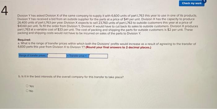  Check my work 4 Division Y has asked Division X of