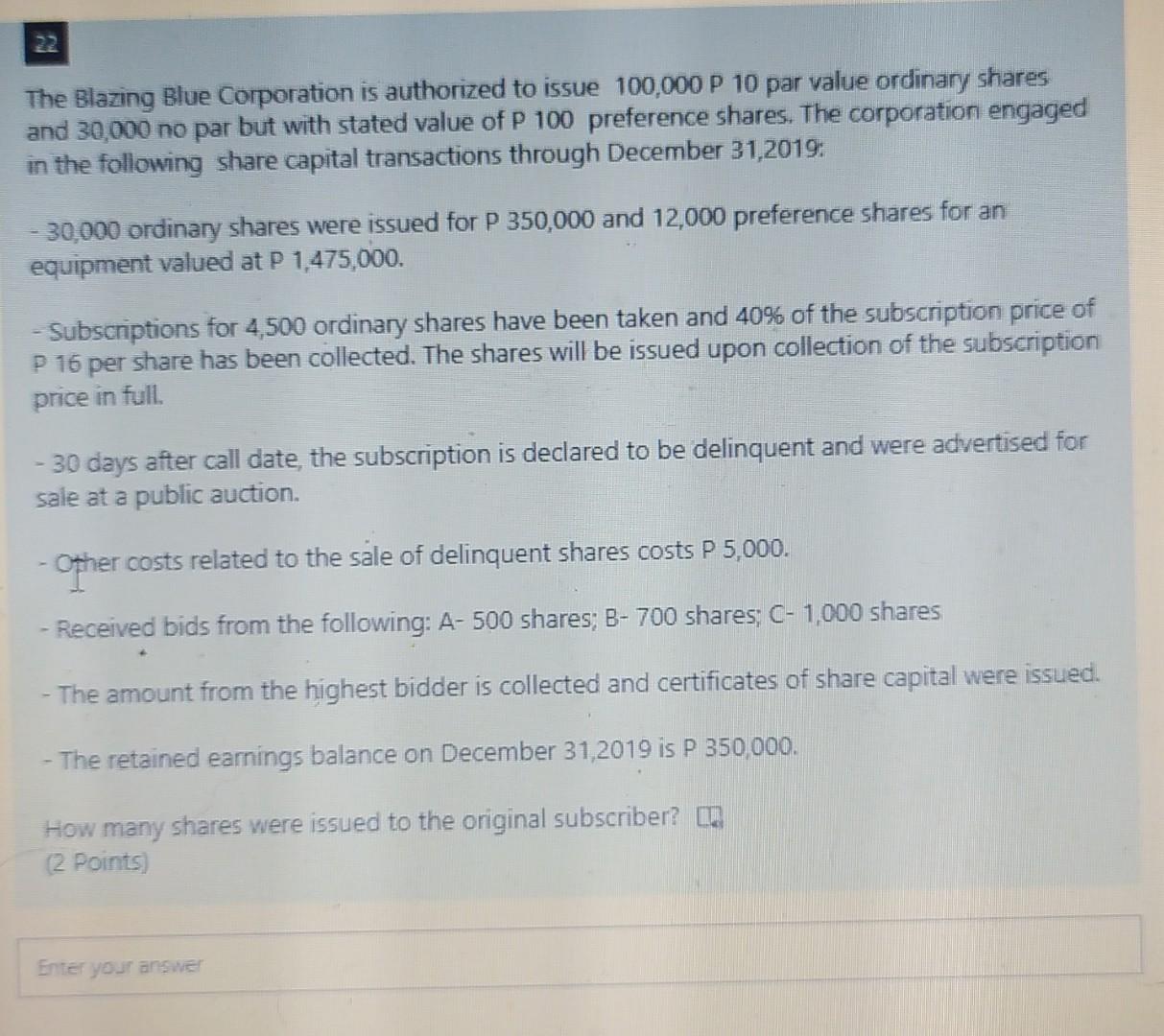 issued 2,000 ordinary shares with a par value of P 20 for