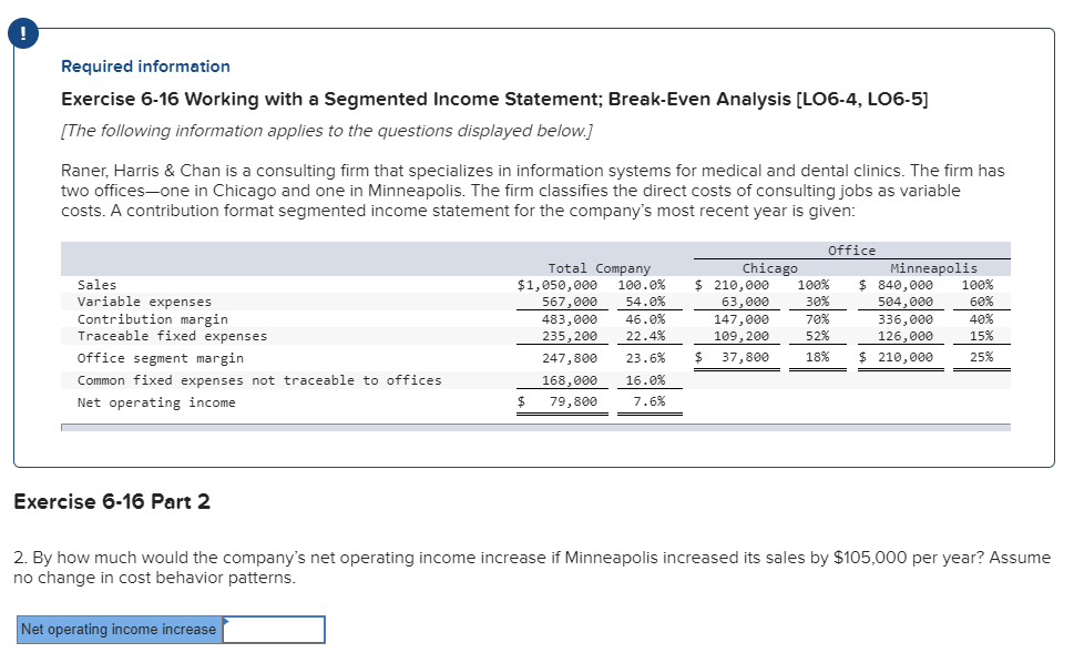  Required information Exercise 6-16 Working with a Segmented Income Statement; Break-Even