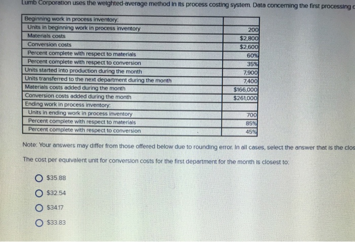  Lumb Corpotarion uses he weighted average method in its processing costing