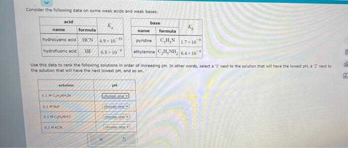  Consider the following data on some weak acids and weak bases: