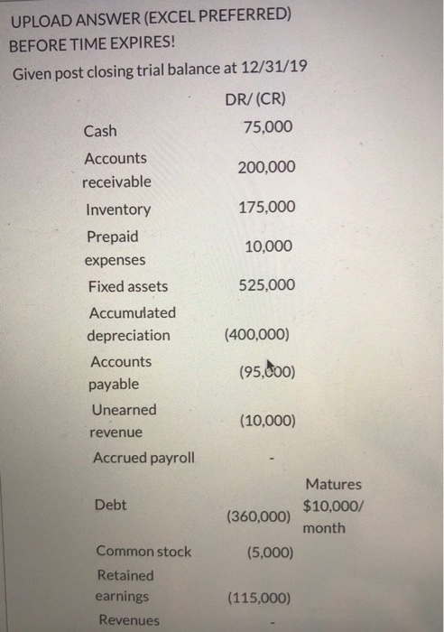  UPLOAD ANSWER (EXCEL PREFERRED) BEFORE TIME EXPIRES! Given post closing trial