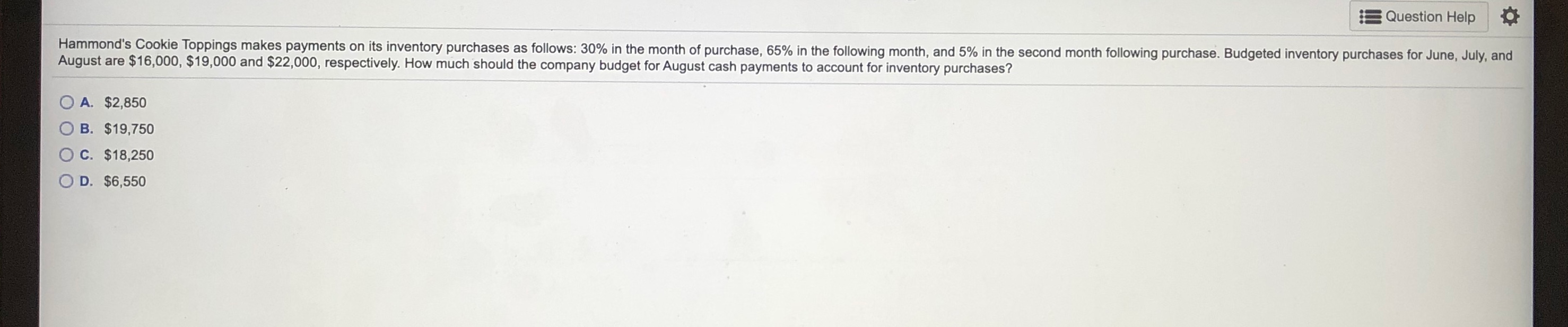  Question Help Hammond's Cookie Toppings makes payments on its inventory purchases
