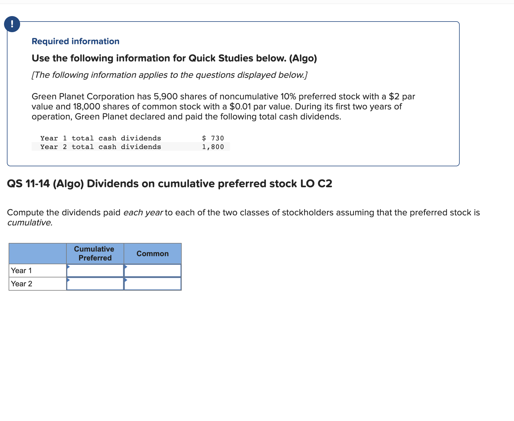 Question 6 Required information Use the following information for Quick Studies below.