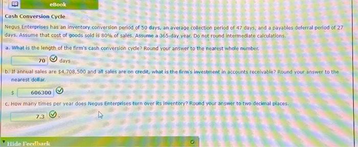 show all work on excel including formula please Cash Conversion Cycle Negus