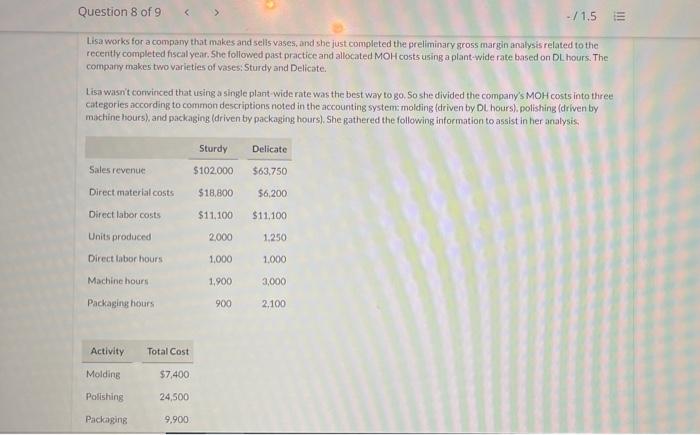  Question 8 of 9 > - / 1.5 E Lisa works