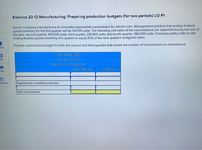  Exercise 20-12 Manufacturing: Preparing production budgets (for two periods) LO P1