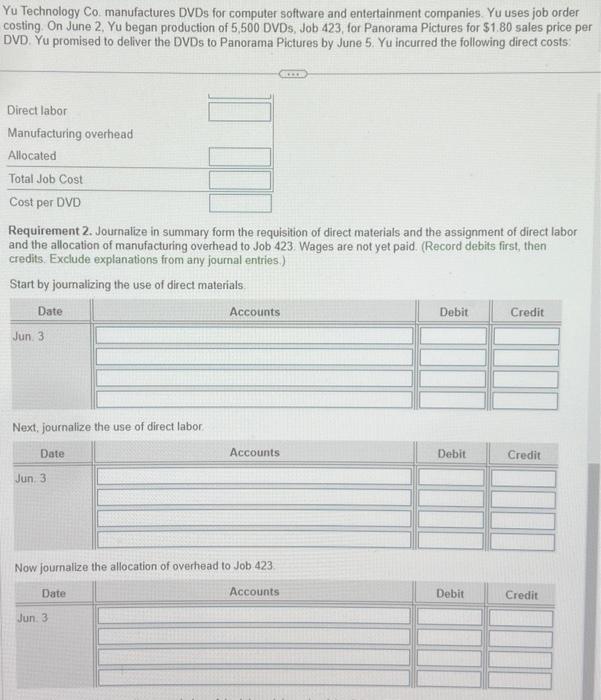 Yu uses job order. costing. On June 2. Yu bepan production of