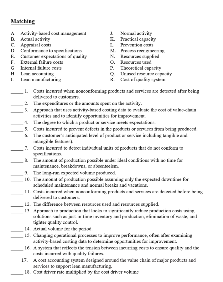  Matching A. Activity-based cost management J. Normal activity B. Actual activity