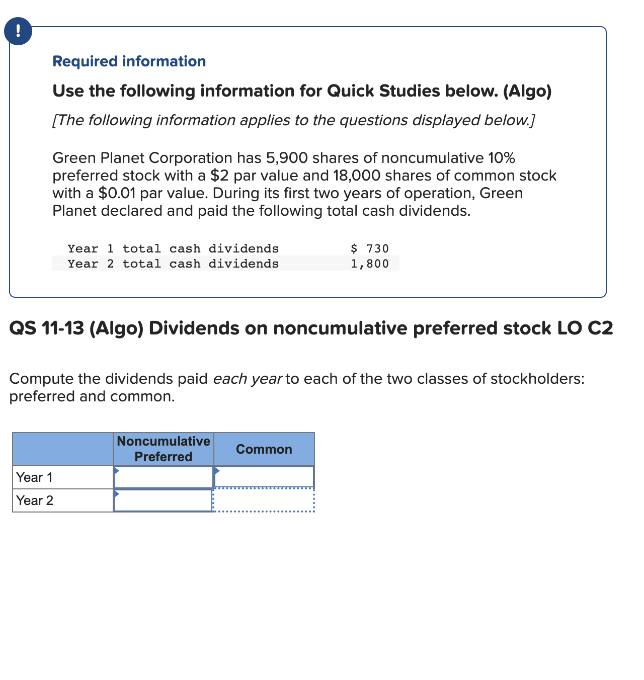Question 5 Required information Use the following information for Quick Studies below.