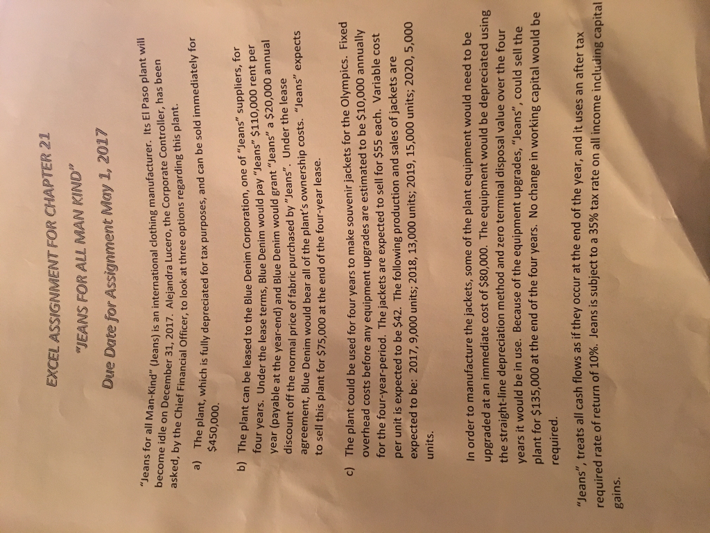 The ansswer should include the following ; EXCEL ASSIGNMENT FOR CHAPTER 21