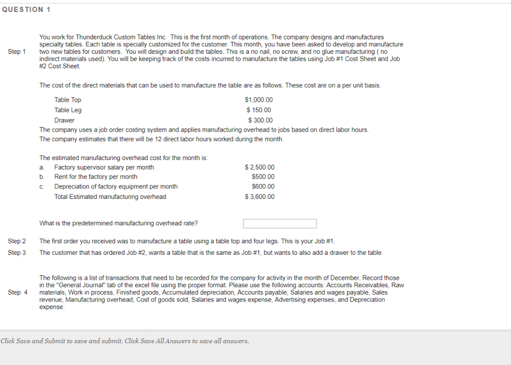 QUESTION You work for Thunderduck Custom Tables Inc. This is the